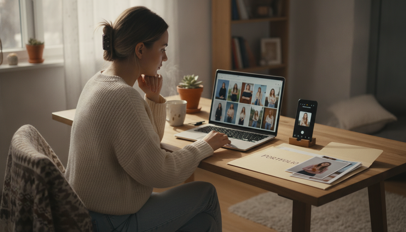 Angehendes Model sitzt am Laptop und stellt eigenes Portfolio zusammen
