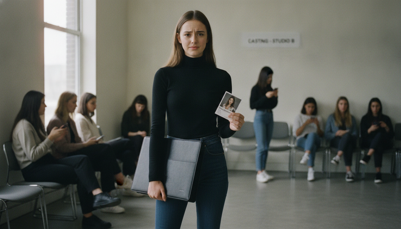 Model wartet mit Portfolio-Mappe auf ein Casting bei einer Agentur