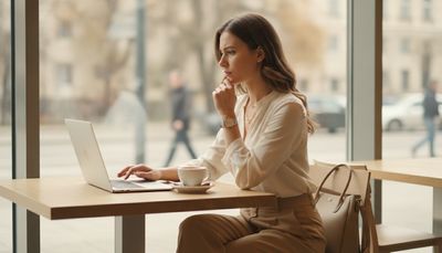 Junge Frau recherchiert nachdenklich am Laptop in einem Café nach seriösen Plattformen